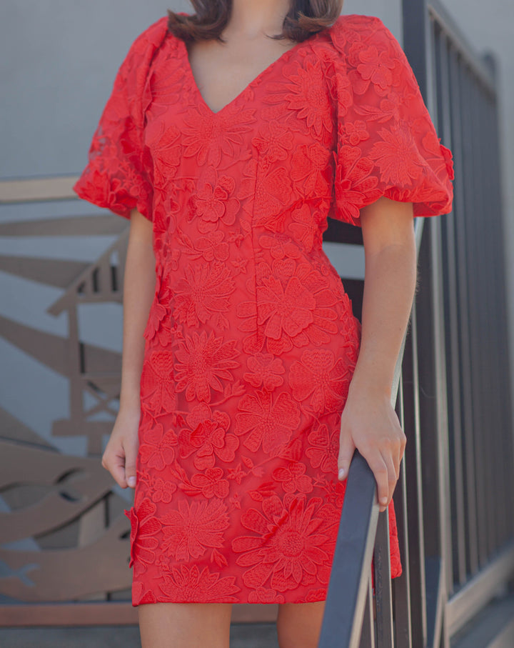 Hustina 3D Lace Mini Dress-Red