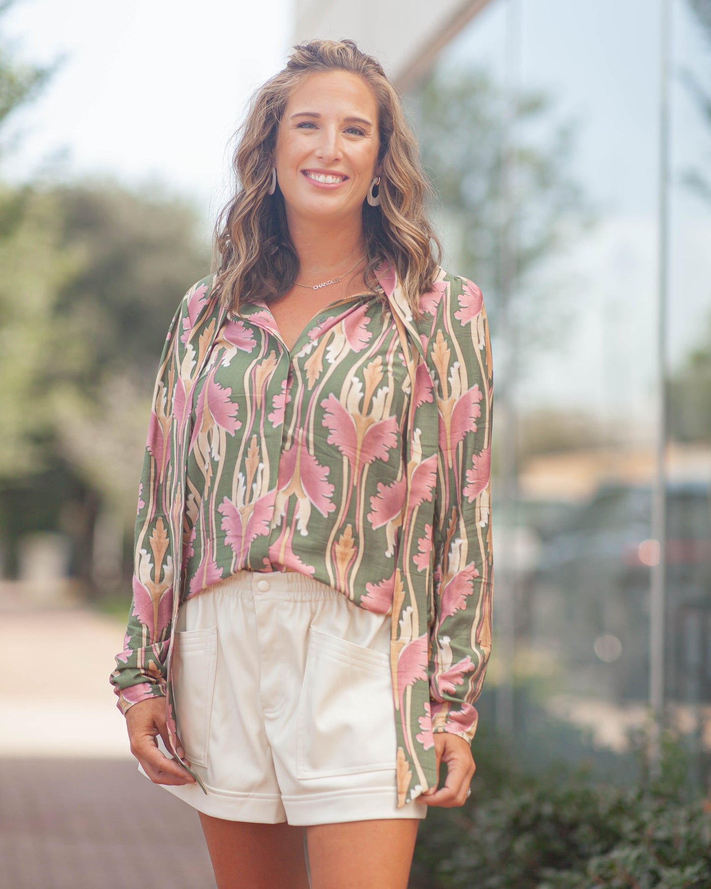 Paris Floral Tie Neck Top-Olive