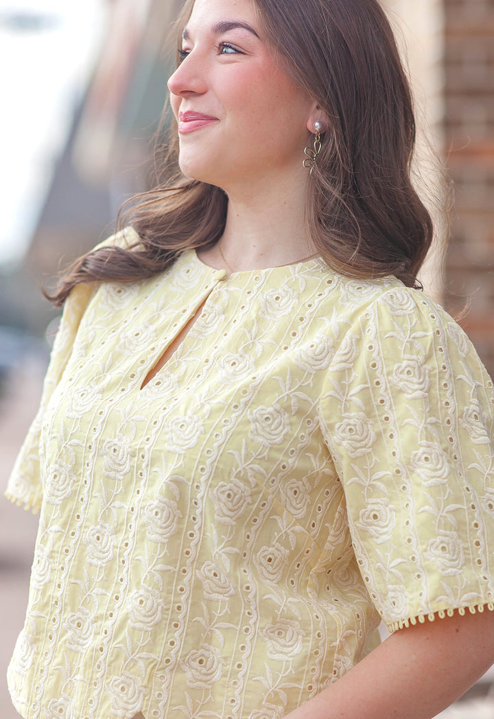 Eleanor Scallop Embroidery Top-Yellow