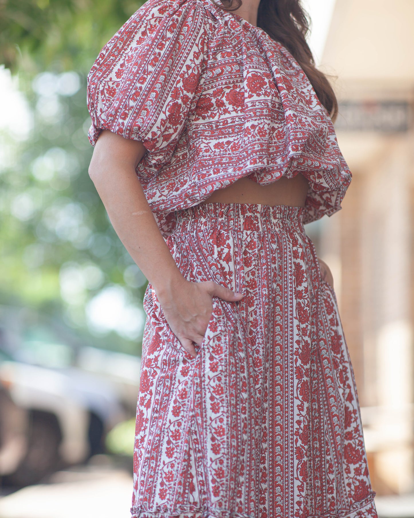Clara Floral Midi Skirt-Red