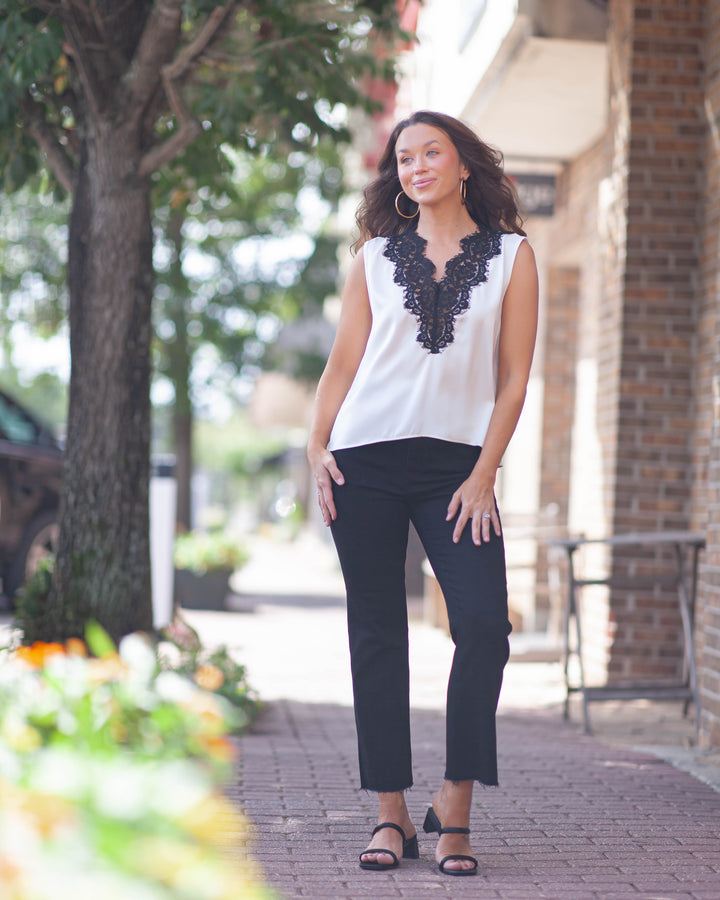 Solene Lace Satin Top-Ivory