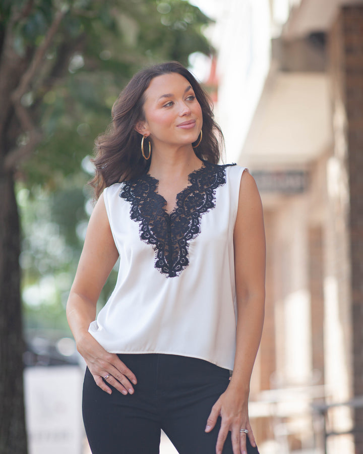 Solene Lace Satin Top-Ivory
