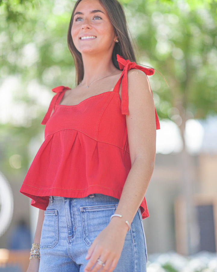 Kate Denim Tie Tank-Red