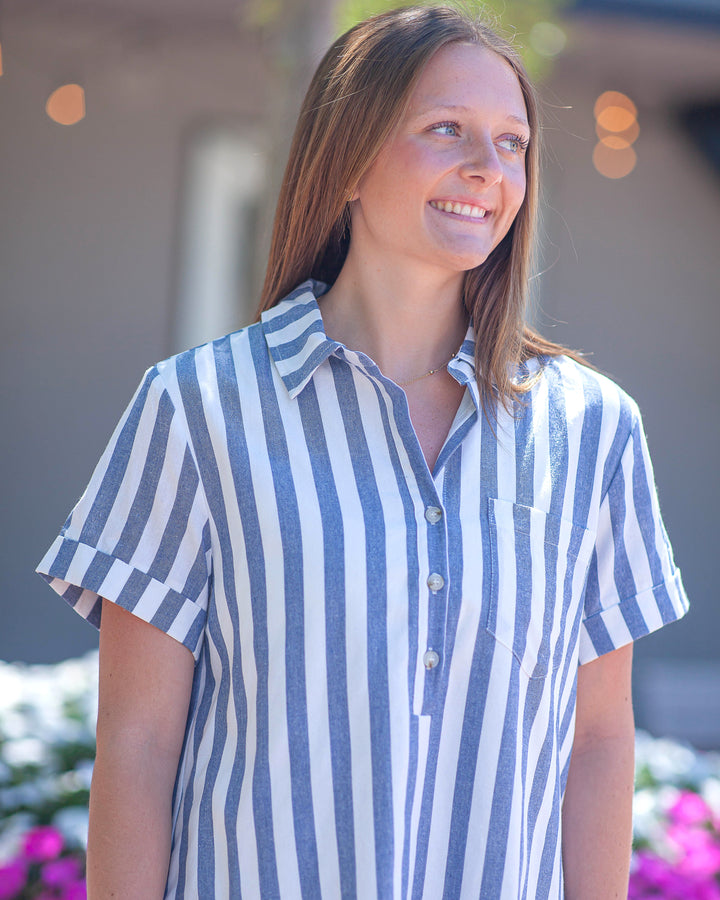 Allie Striped Shirt Dress-Navy