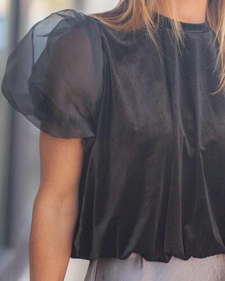 Saige Puff Sleeve Velvet Blouse-Black