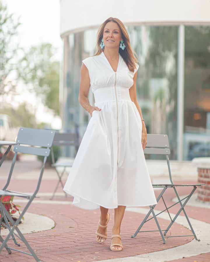 Donna Zippered Midi Dress-White