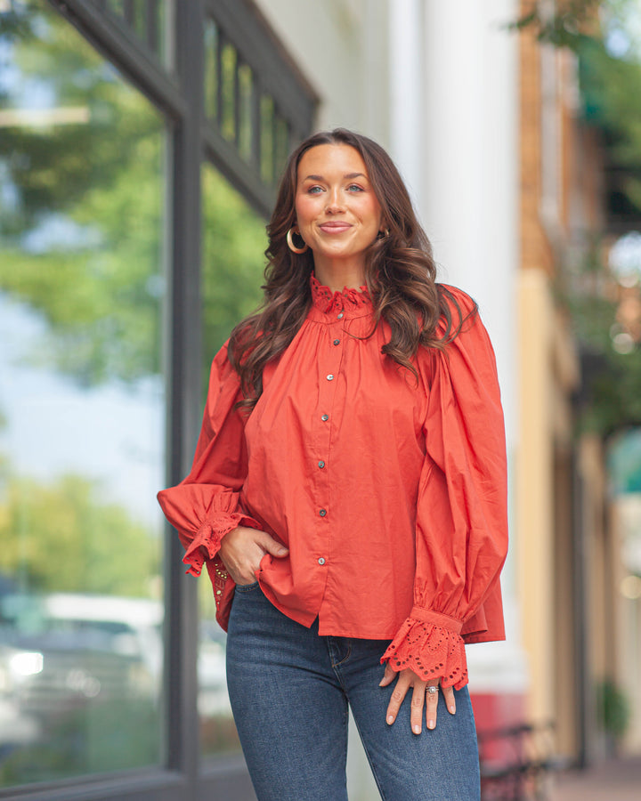 Penny Eyelet Ruffle Sleeve Top-Rust