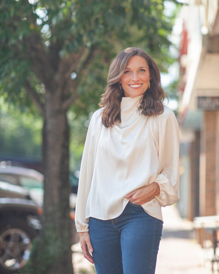 Tessa Mock Neck Blouse-Champagne