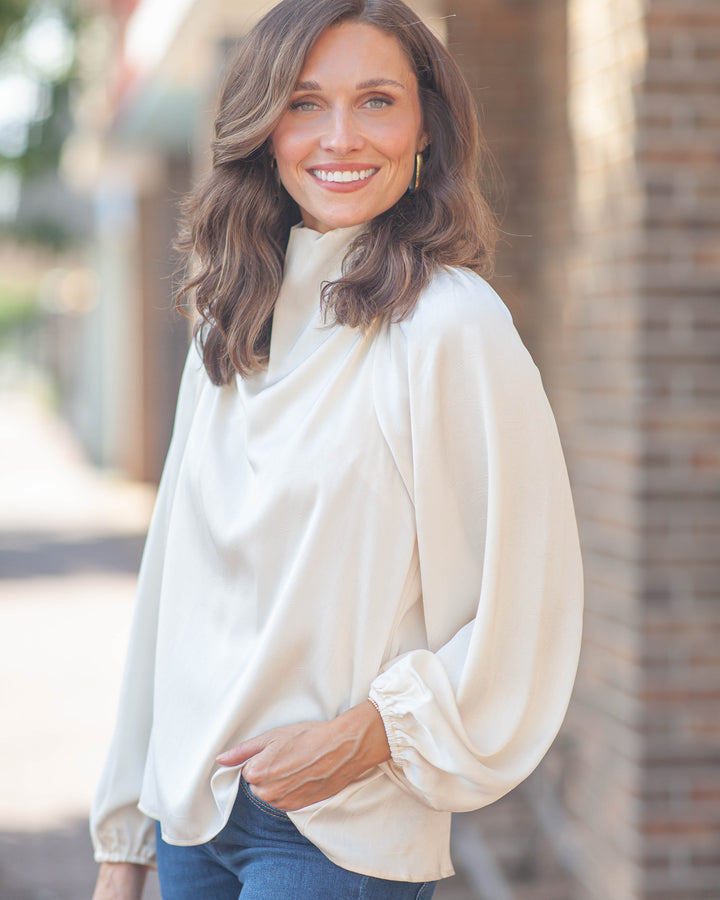 Tessa Mock Neck Blouse-Champagne