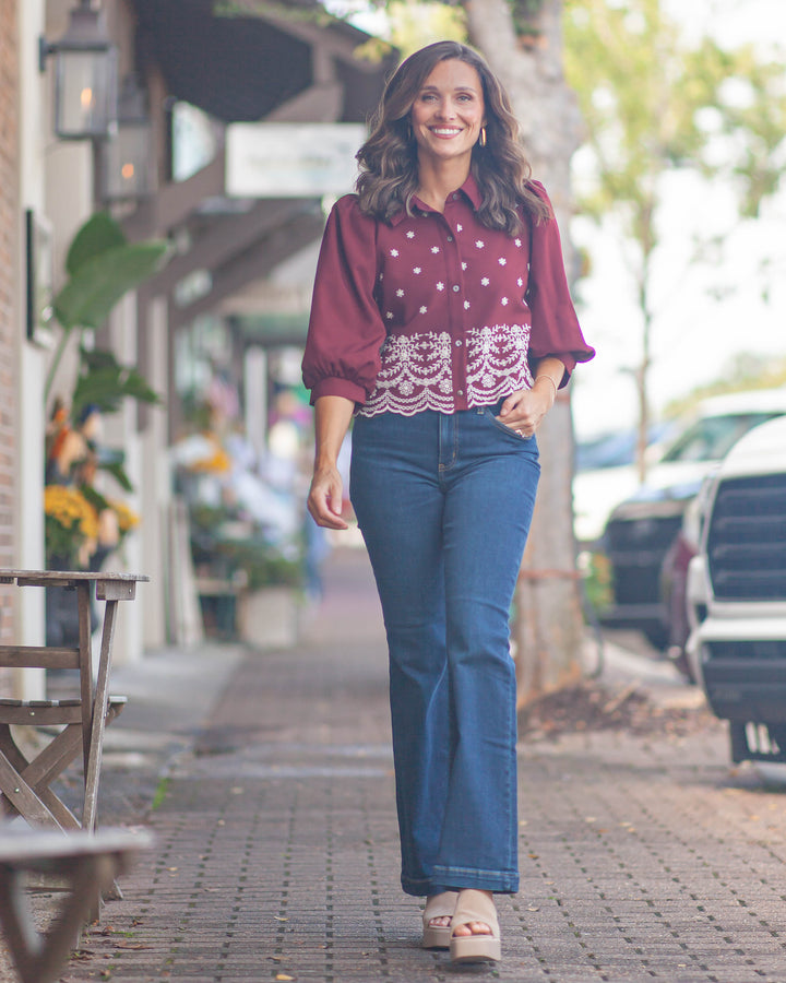 Tristan Floral Embroidered Top-Garnet