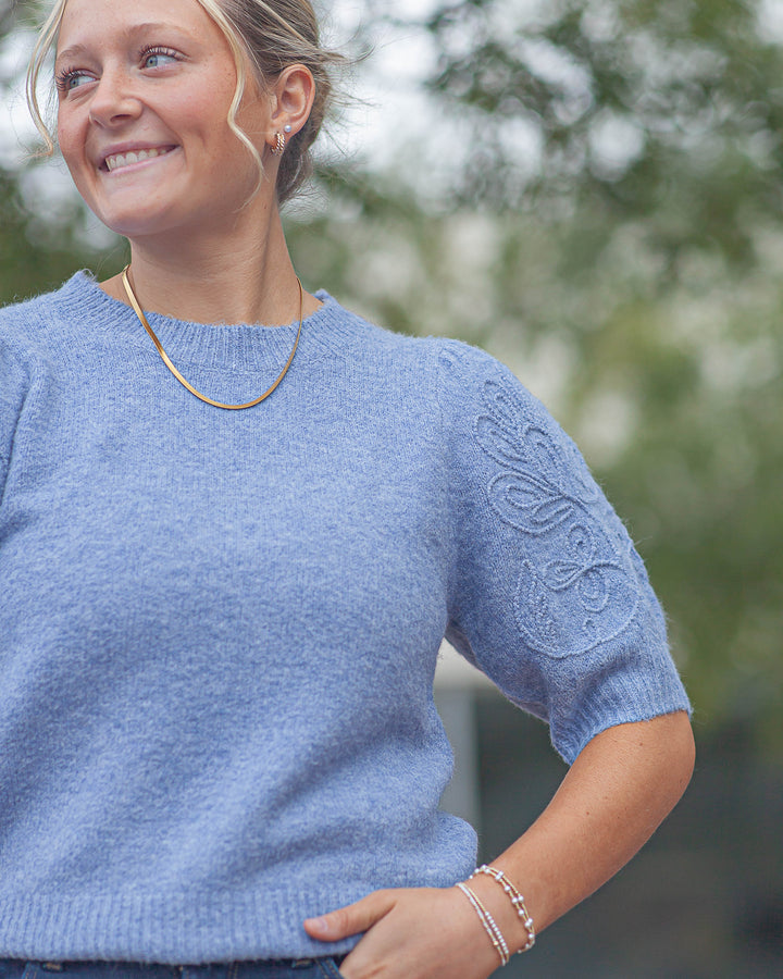 Liza Floral Detail Sweater Top-Blue