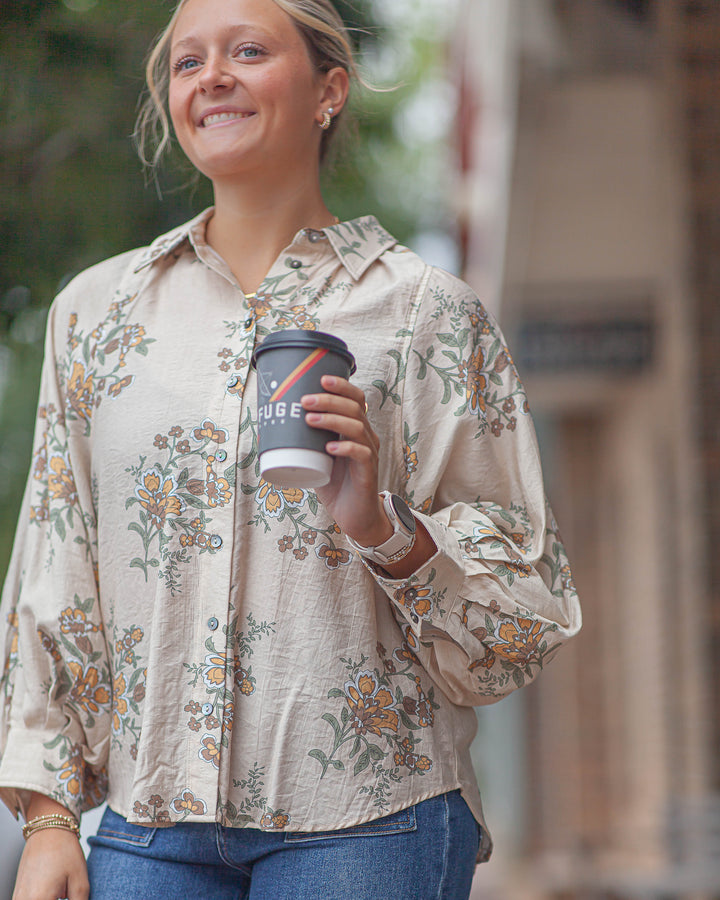 Ellie Floral Top-Ecru