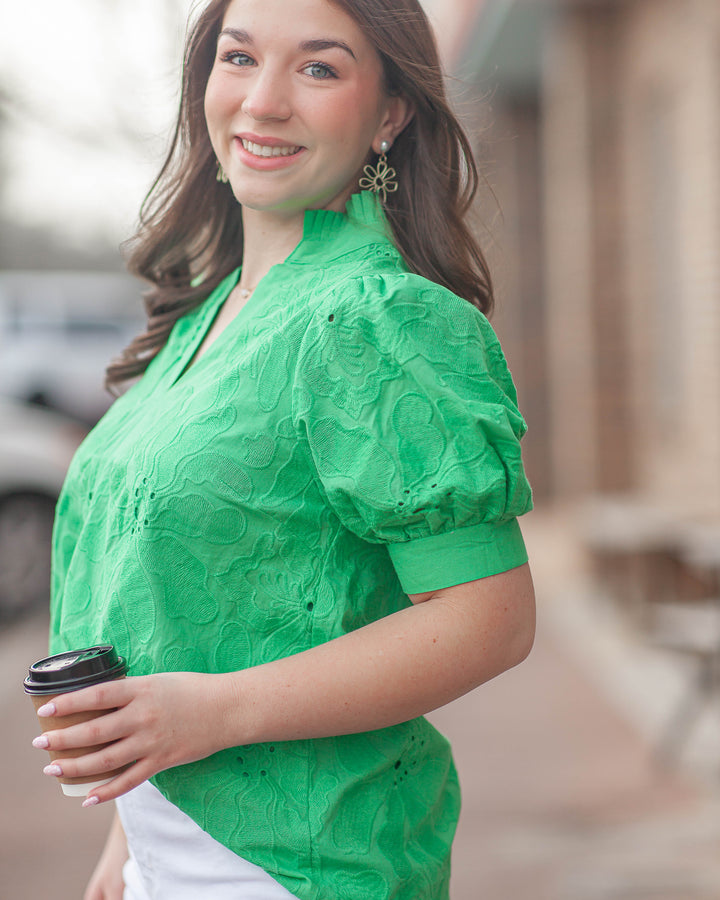 Rebecca Floral Embroidered Top-Green