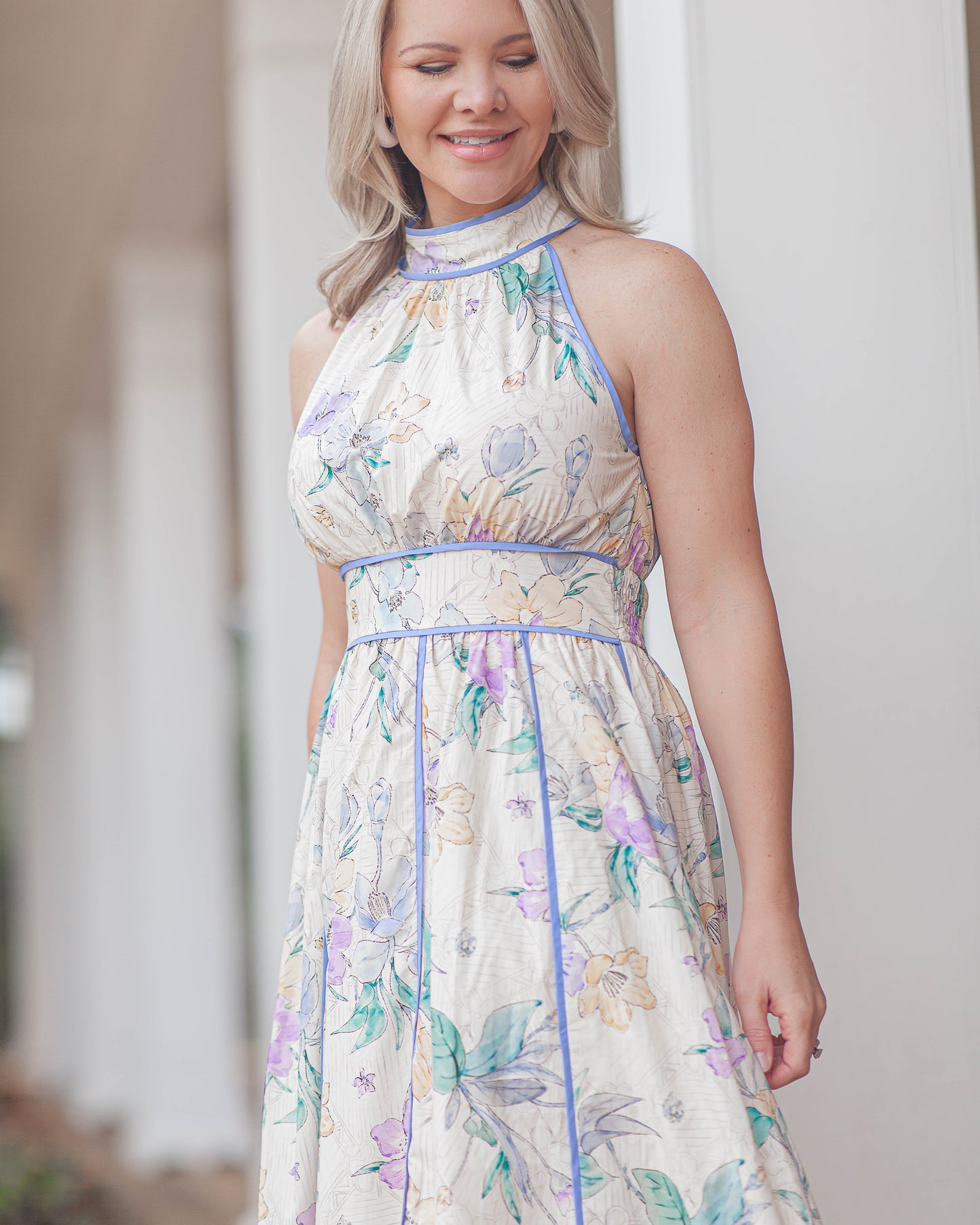 Allison Floral Halter Midi Dress-Ecru