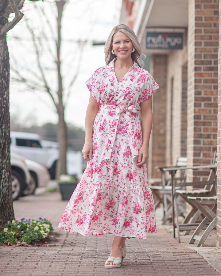 Jennifer Floral Midi Dress-Fuchsia