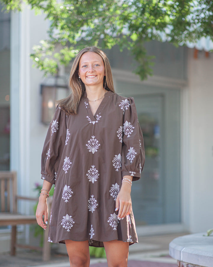 Avery Embroidered Mini Dress-Brown
