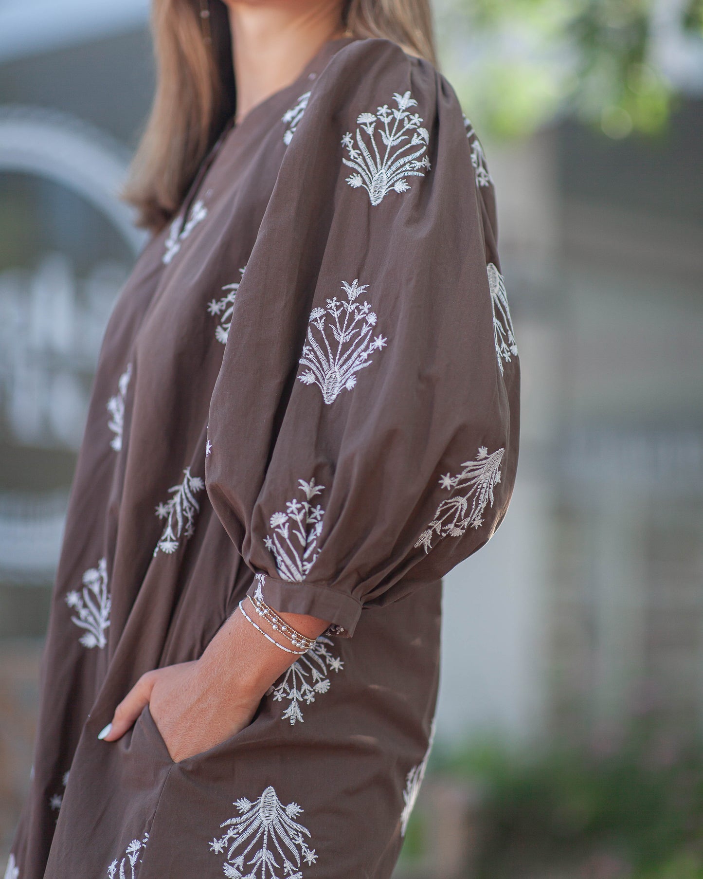 Avery Embroidered Mini Dress-Brown