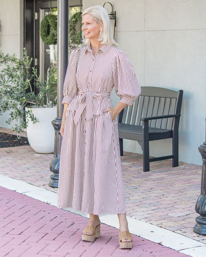 Dawn Striped Midi Dress-Brown