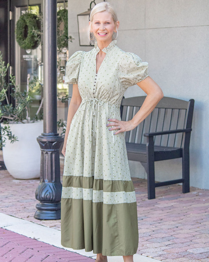Melissa Puff Sleeve Midi Dress-Olive