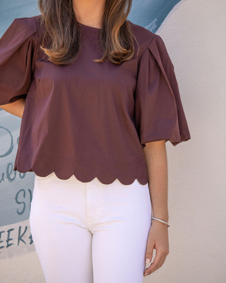 Alyssa Scallop Hem Top-Brown