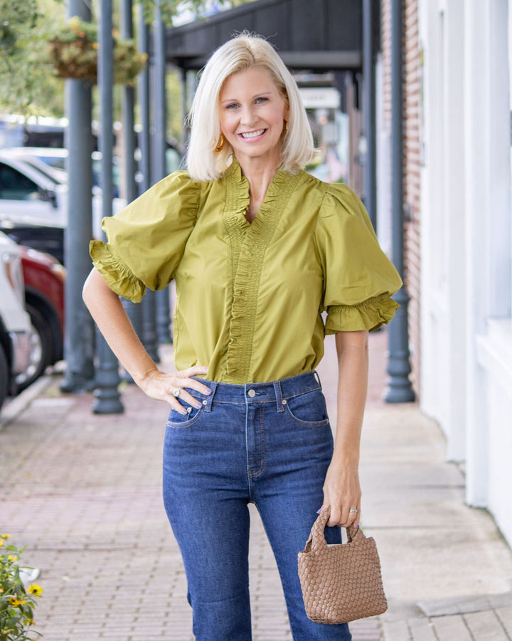 Elizabeth Ruffle Trim Top-Martini Olive
