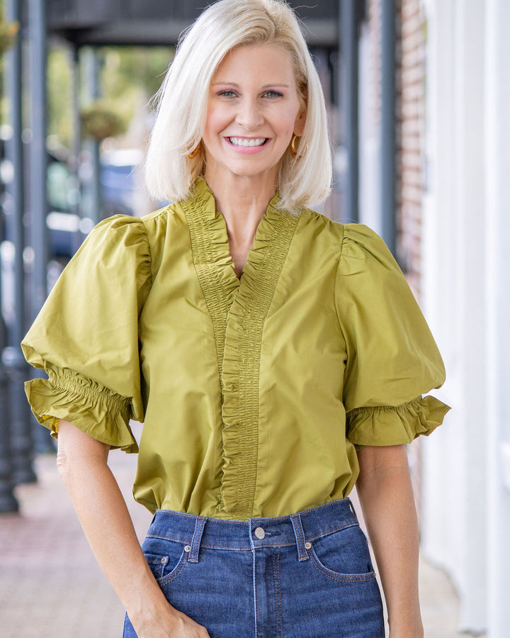 Elizabeth Ruffle Trim Top-Martini Olive