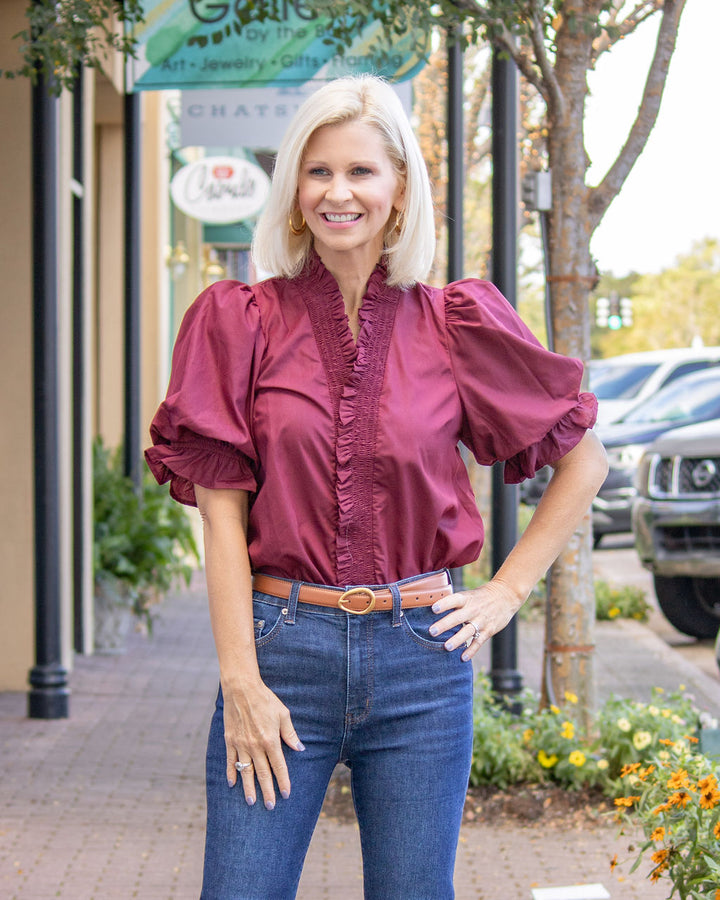 Elizabeth Ruffle Trim Top-Wine