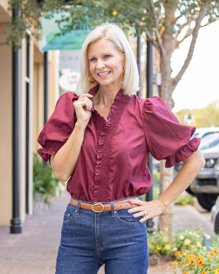 Elizabeth Ruffle Trim Top-Wine