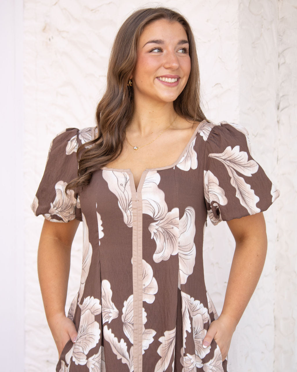 Bella Puff Sleeve Midi Dress-Brown