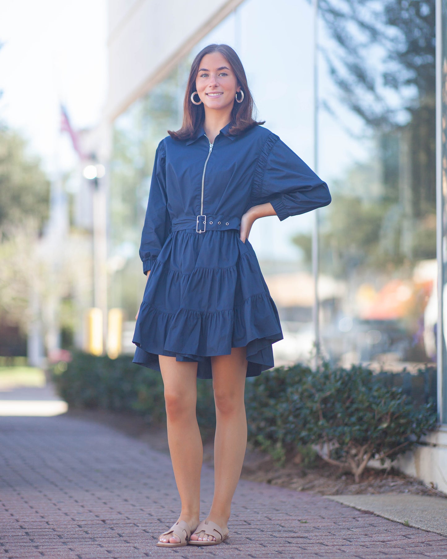 Claire Poplin Zip Up Dress-Navy