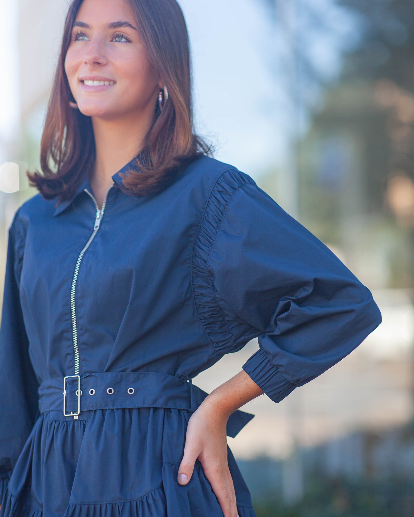 Claire Poplin Zip Up Dress-Navy