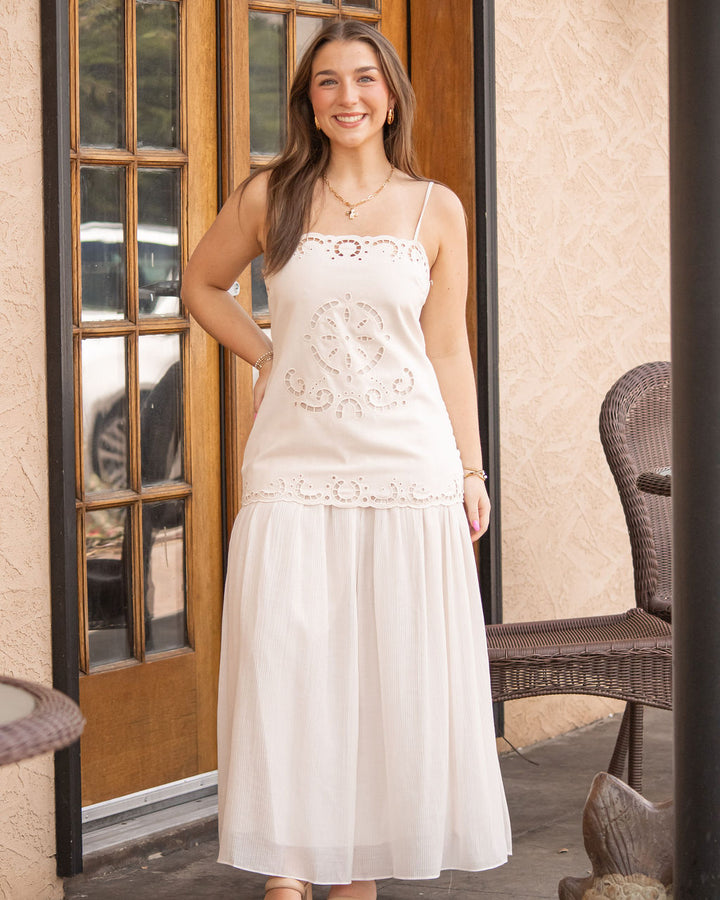 Emma Eyelet Detail Midi Dress-Cream