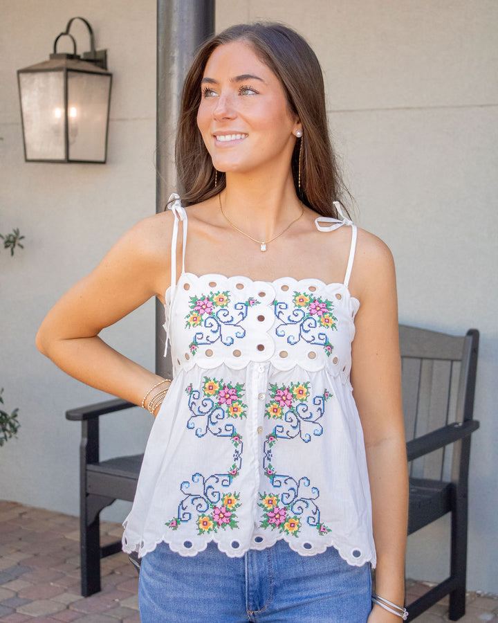 Harper Floral Embroidered Tank-White
