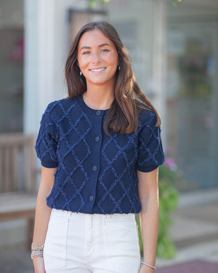 Reese Diamond Knit Cardigan-Navy