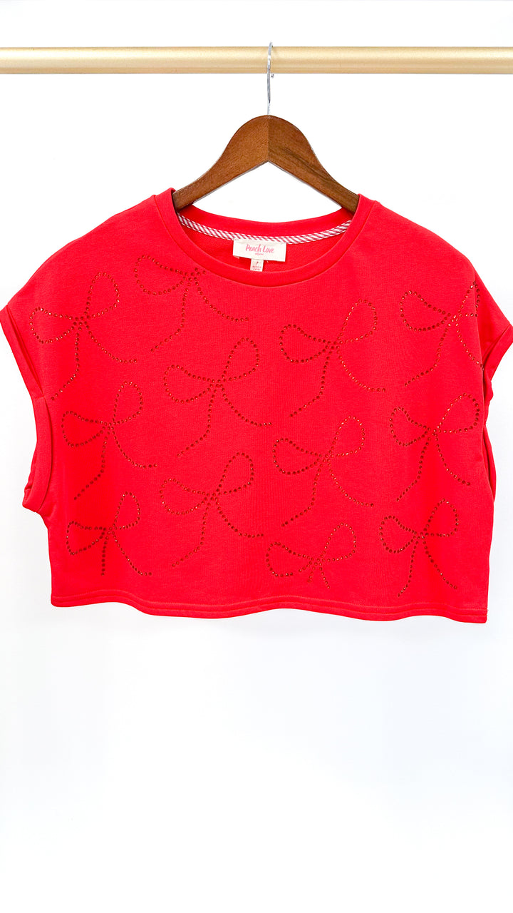 Karlie Rhinestone Bow Crop Tee-Red