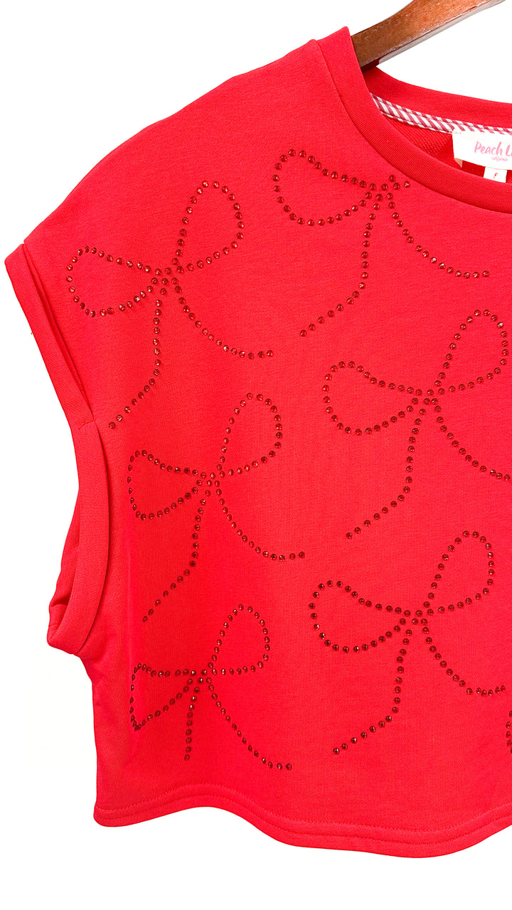 Karlie Rhinestone Bow Crop Tee-Red