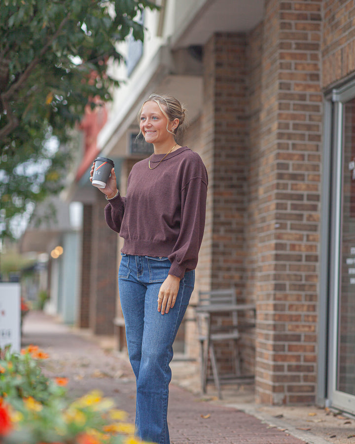 Evie Pleated Crew Sweatshirt-Mocha
