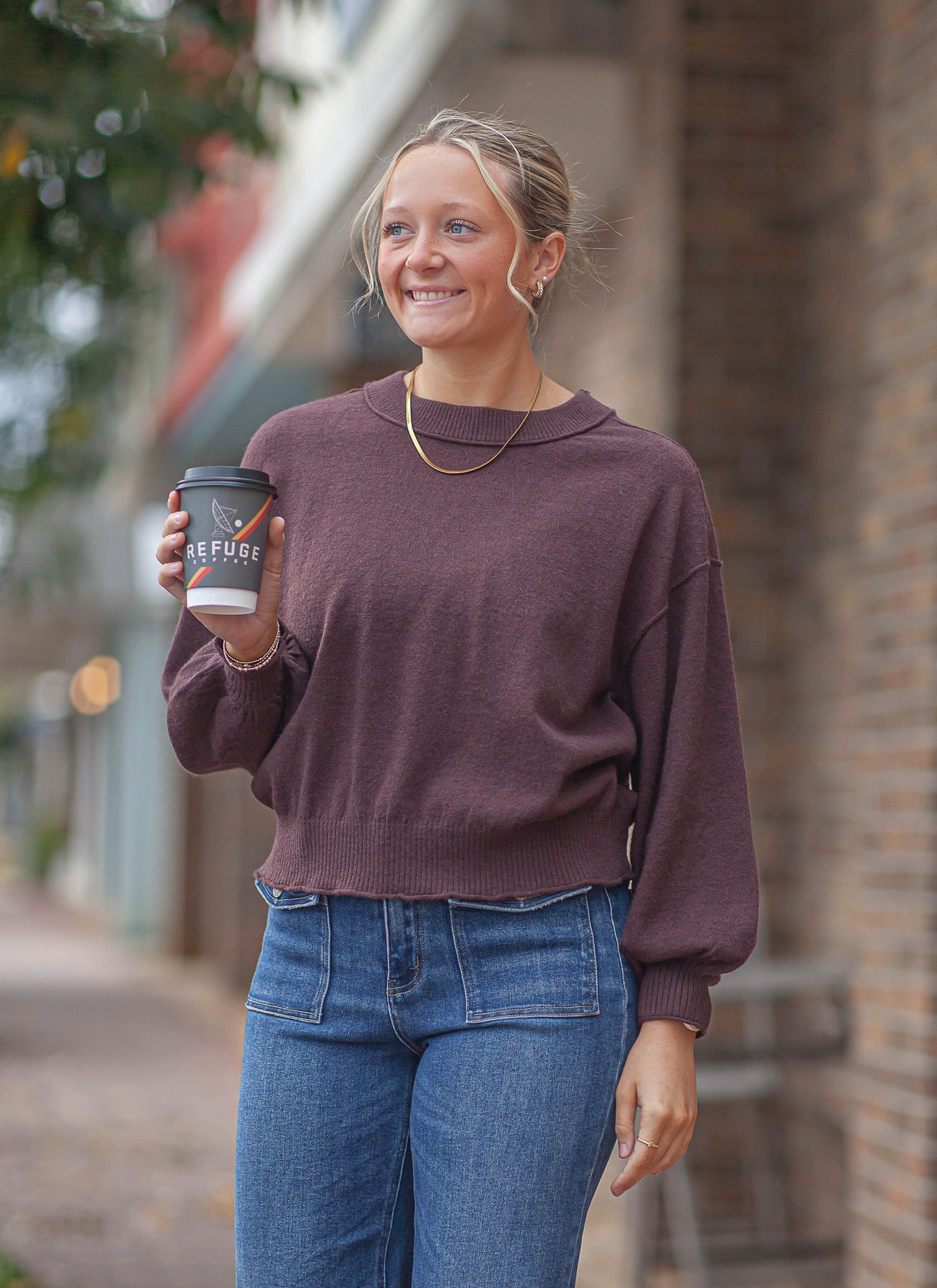 Evie Pleated Crew Sweatshirt-Mocha