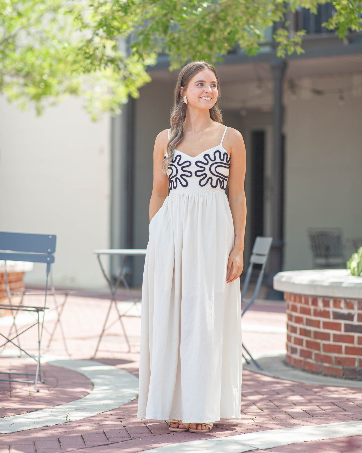 Rachel Braid Trim Linen Dress-Ecru