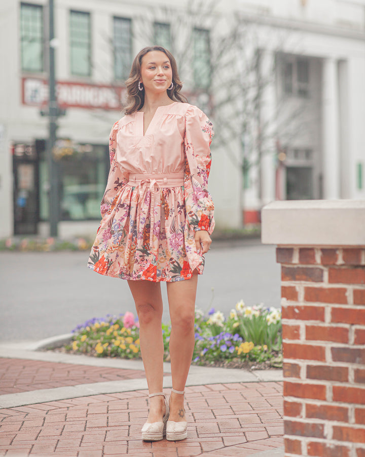 Megan Floral Border Mini Dress-Pink