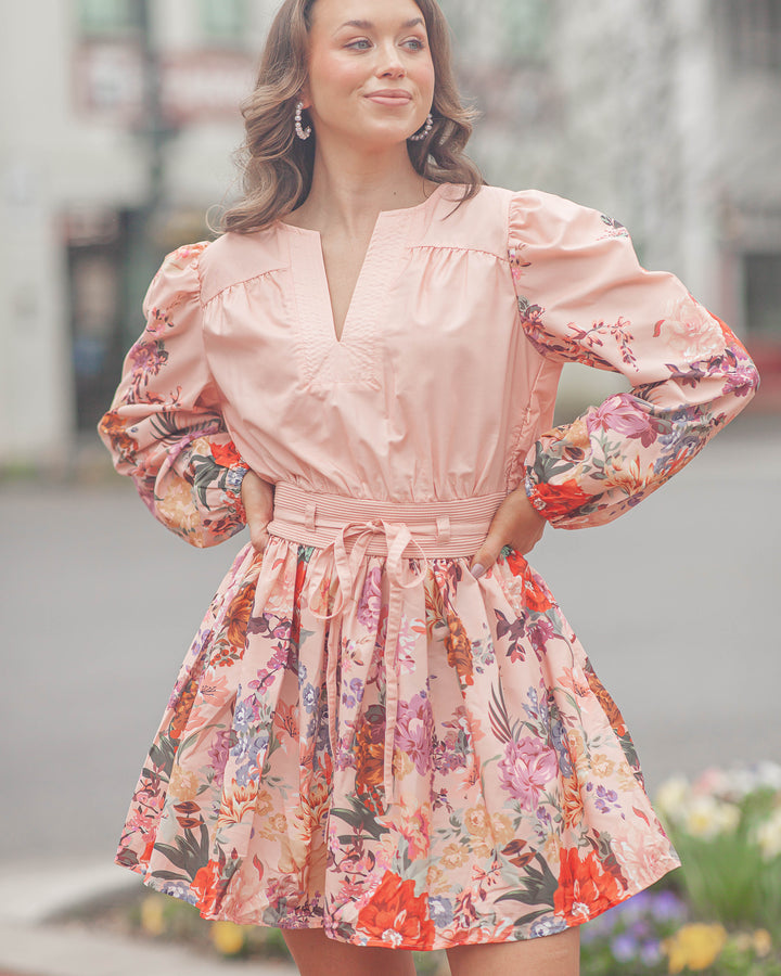 Megan Floral Border Mini Dress-Pink