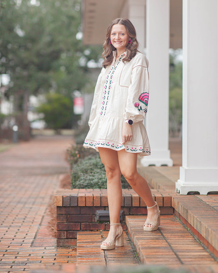 Lucy Embroidered Mini Dress-Cream