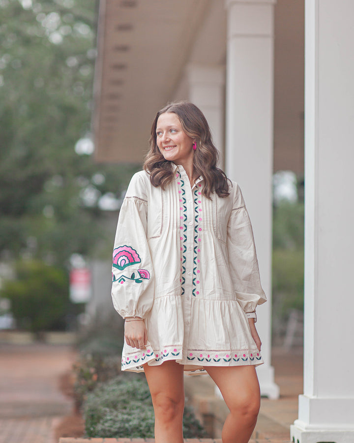 Lucy Embroidered Mini Dress-Cream