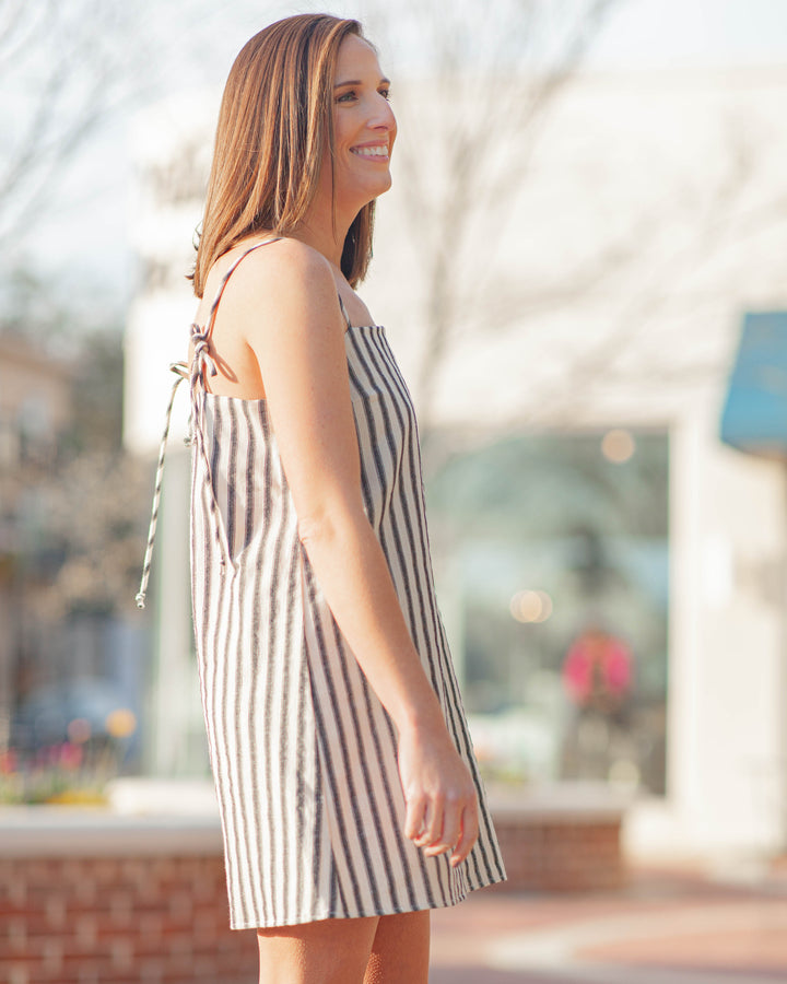 Rue Tie Strap Mini Dress-Black Stripe