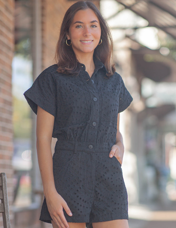 Avril Eyelet Romper-Black