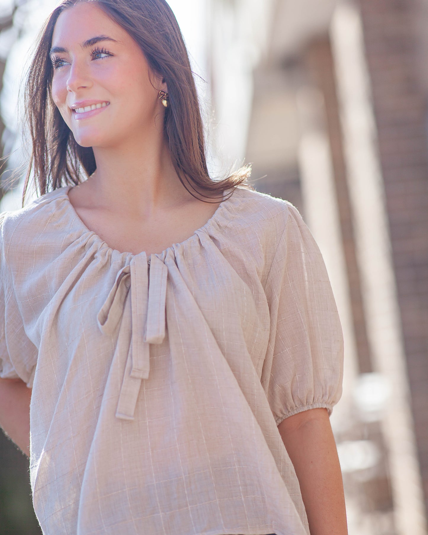Day's End Front Tie Blouse-Taupe