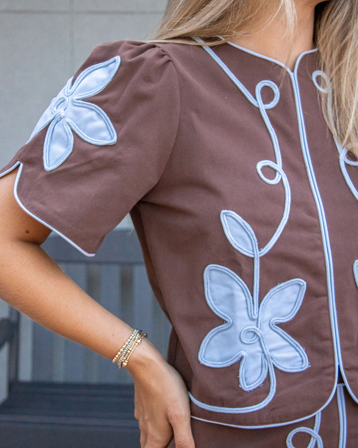 Cammie Floral Applique Top-Chocolate
