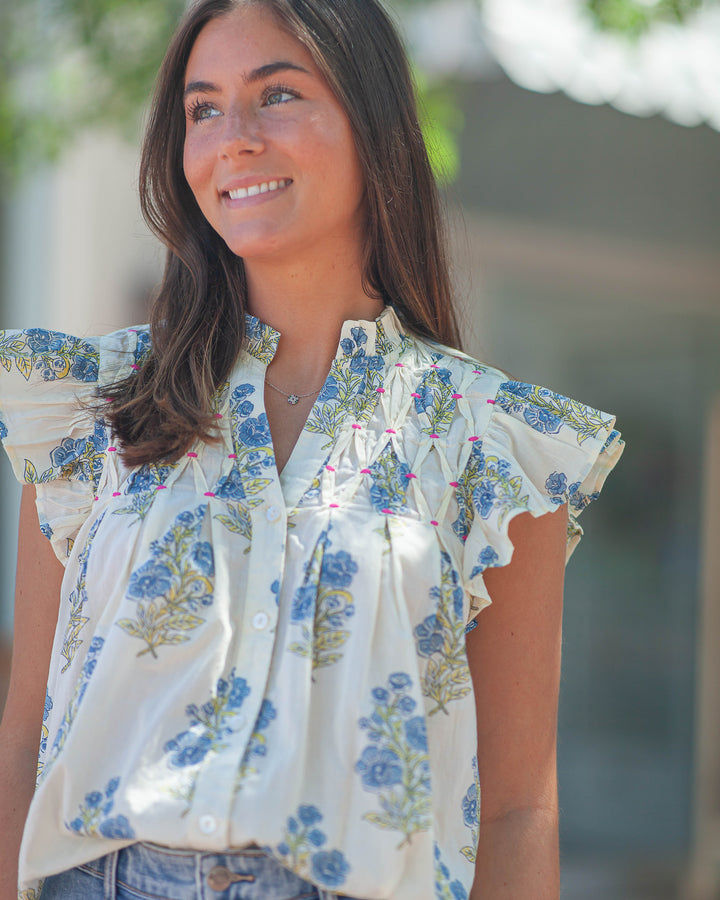 Sonya Floral Flutter Sleeve Top-Cream