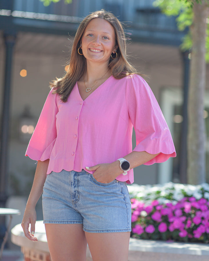 Grace Scallop Sleeve Blouse-Bubblegum