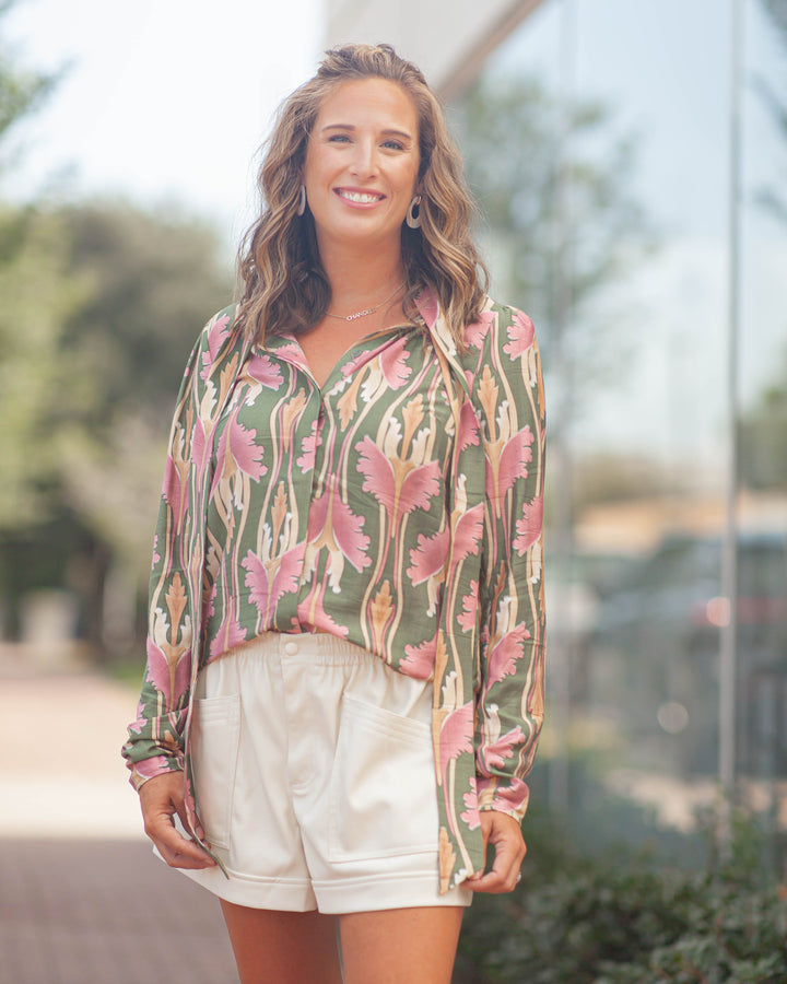 Paris Floral Tie Neck Top-Olive